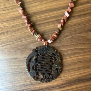 Vintage carved stone dragon Chinese? Pendant necklace 925 sterling silver C3